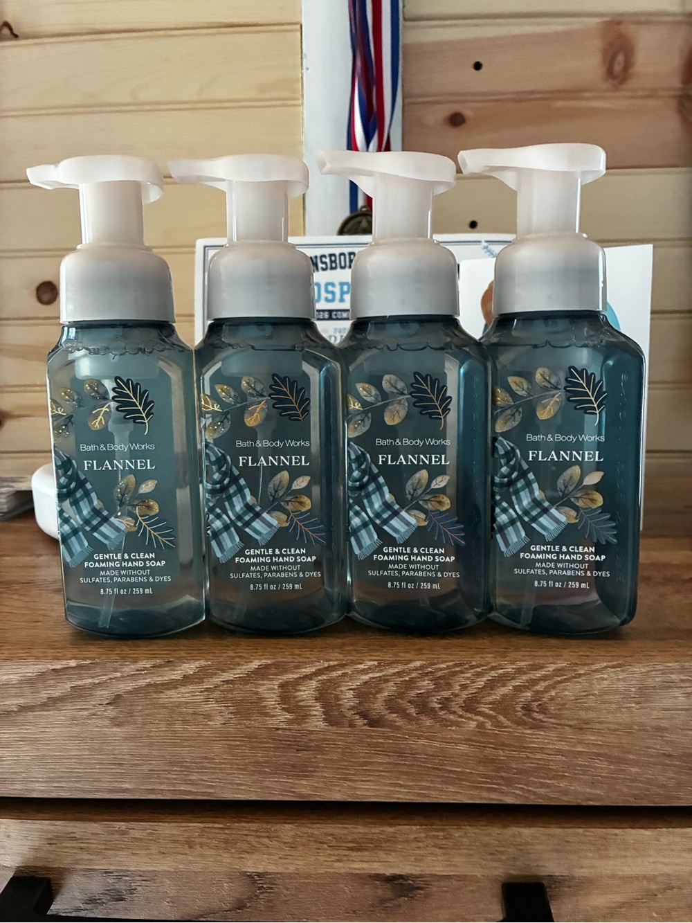 Bath & Body Works Flannel Foaming Hand Soap — Teal Blue Bottles (Set of 4)